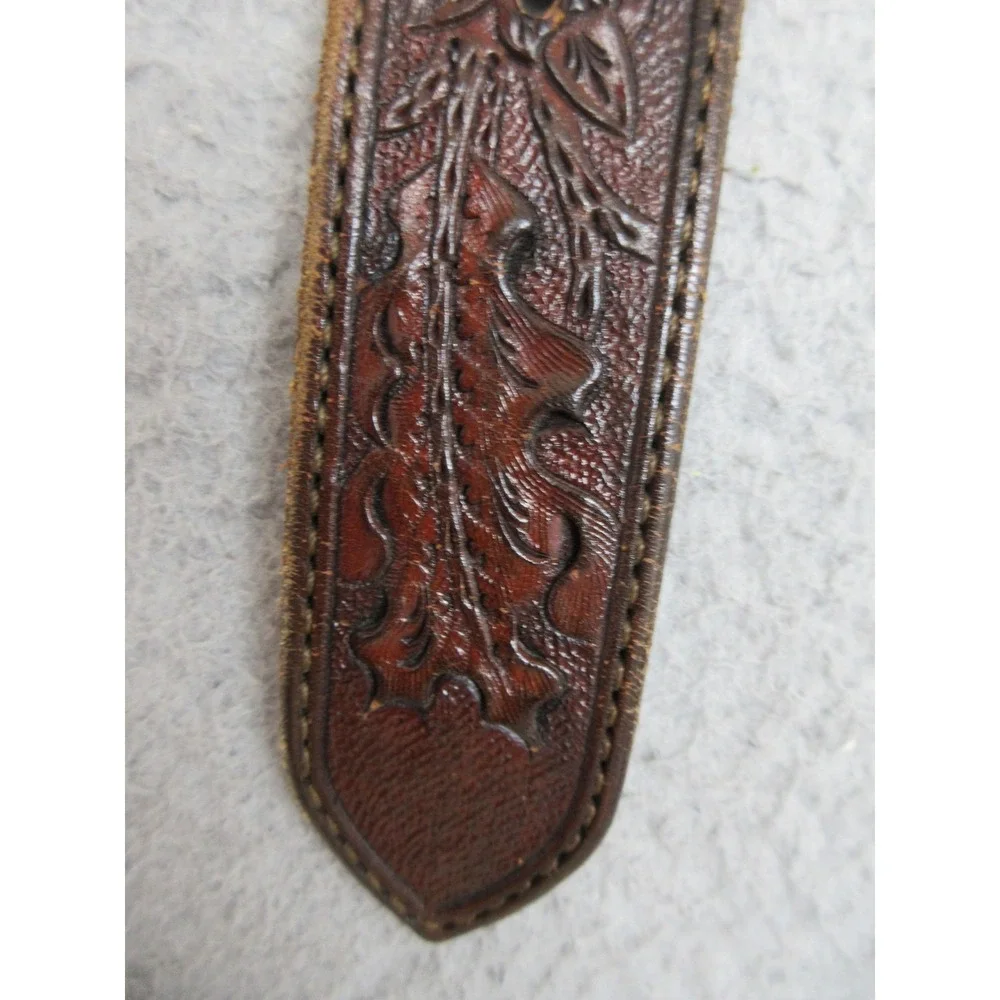 R.P. Megar Tooled Western Leather Belt Mens 32 Brown Silver Buckle Texas Cowboy